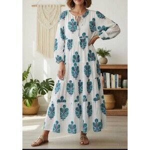 Debbie Katz Tiered Dress White/Teal Floral Airy Beach Resort Boho Coastal Large